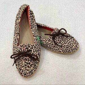 SANUK Kariba Animal Print Cheetah Canvas Loafer Boat Shoe jute trim tie laces 10